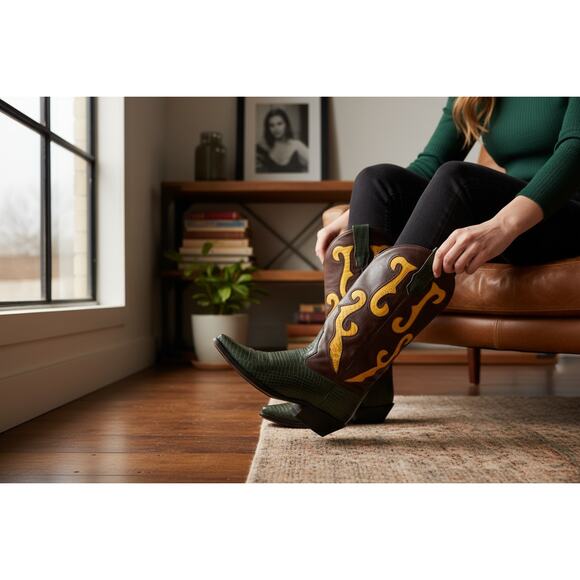 Vintage Nine West Cowboy Boots Brwn with Grn & Mustard Sz 9M Made in Brazil - Picture 8 of 8